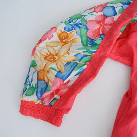 Vintage Lavon 90's 'Neon Coral & Floral Nylon Zip Up  Windbreaker Jacket L - Picture 8 of 11